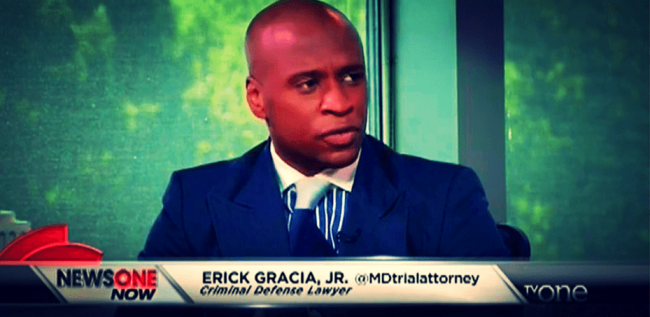 Screenshot of Criminal Defense attorney Erick Gracia, Jr. appearing on NewsONE Now segment